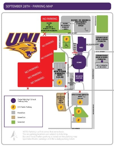 Bands of America - UNI Parking Map - September 28, 2019