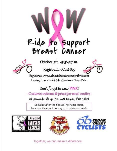 W.O.W. Ride to Support Breast Cancer Awareness is October 5, 2016, in Cedar Falls, Iowa.
