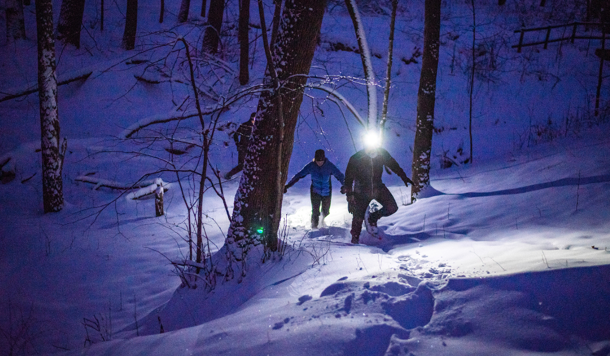 People walking through the snow on a trail in the woods in the dark